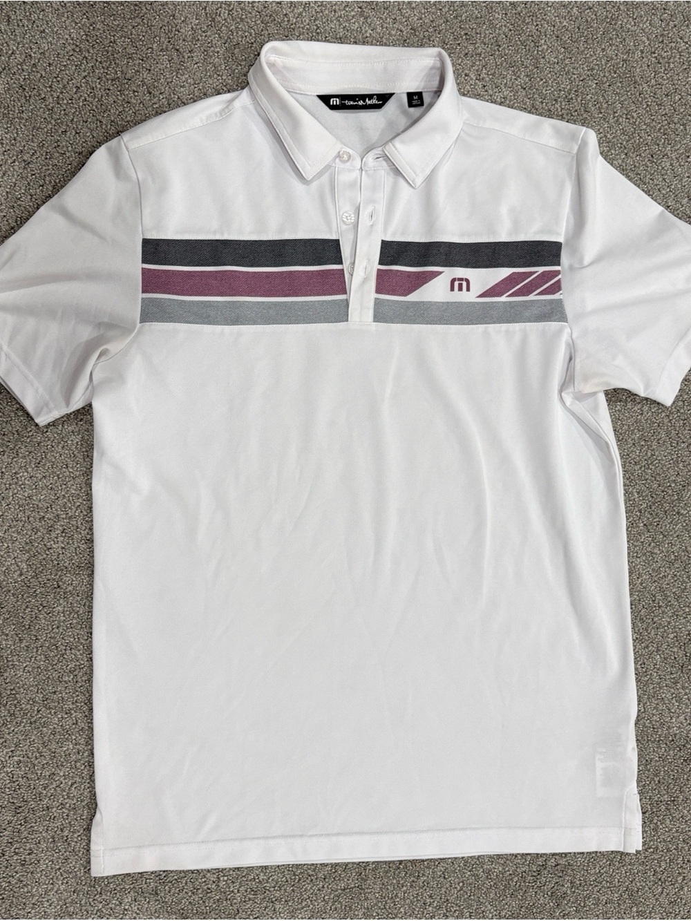 Travis Mathew White Polo with Gray and Purple Stripe Accents